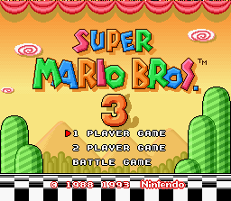 Super Mario All-Stars + Super Mario World screenshot: pixel art, side-scrolling, black outlines (ui / menu)