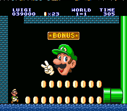 Super Mario All-Stars + Super Mario World screenshot: pixel art, side-scrolling, black outlines (environment, character)