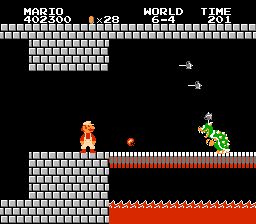 Super Mario Bros. screenshot: pixel art, side-scrolling, black outlines, flat / unlit (combat)
