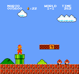 Super Mario Bros. screenshot: pixel art, side-scrolling, black outlines, flat / unlit (environment)