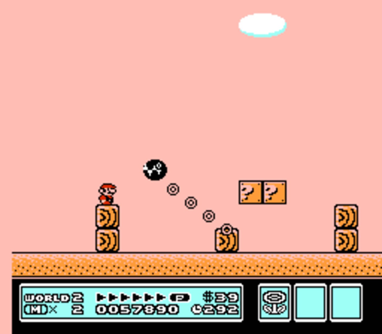 Super Mario Bros. 3 screenshot: pixel art, side-scrolling, black outlines, flat / unlit (environment, combat)
