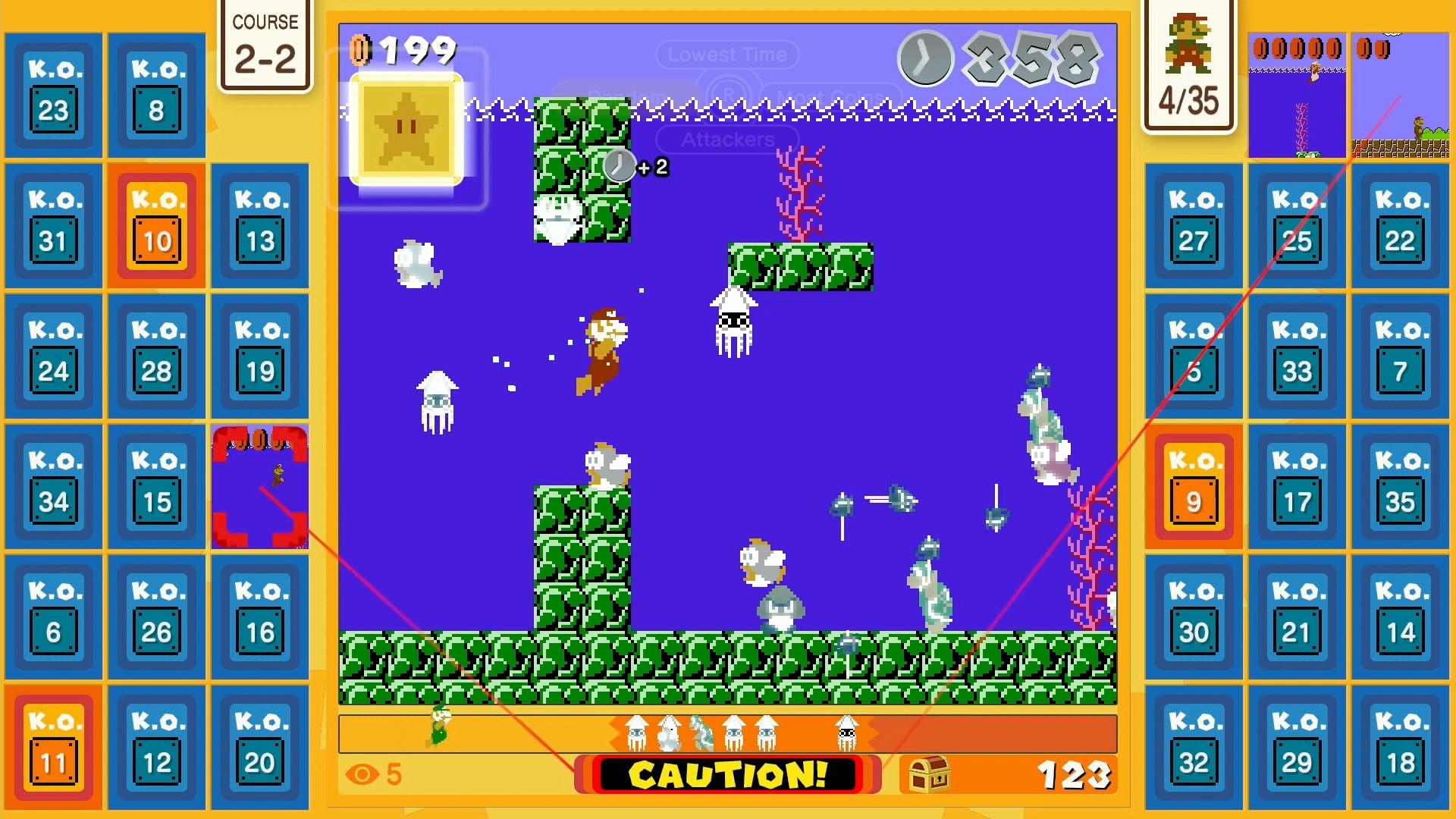 Super Mario Bros. 35 screenshot: pixel art, side-scrolling, flat / unlit (environment, combat)