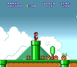 Super Mario Bros.: The Lost Levels (SNES) screenshot: pixel art, side-scrolling, black outlines (environment)