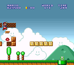 Super Mario Bros.: The Lost Levels (SNES) screenshot: pixel art, side-scrolling, black outlines (environment, combat)