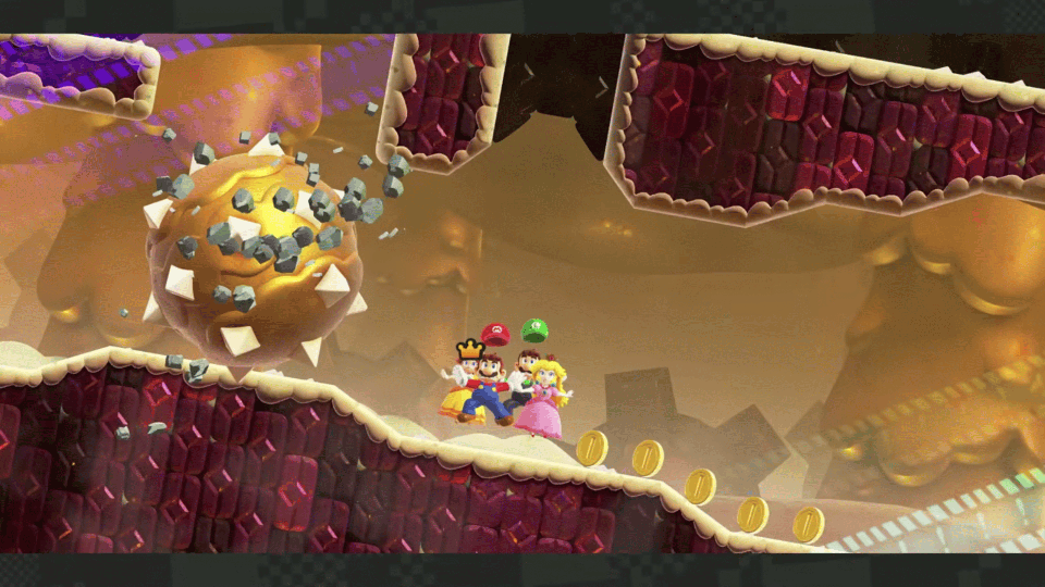 Super Mario Bros. Wonder screenshot: stylized 3d, side-scrolling, no outlines, soft gradient (environment, combat)