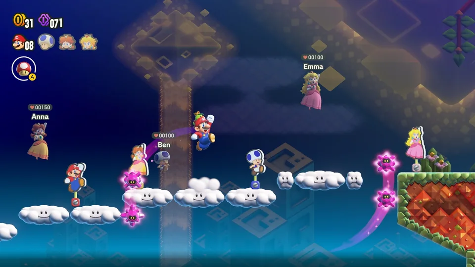 Super Mario Bros. Wonder screenshot: stylized 3d, side-scrolling, no outlines, soft gradient (environment, combat)