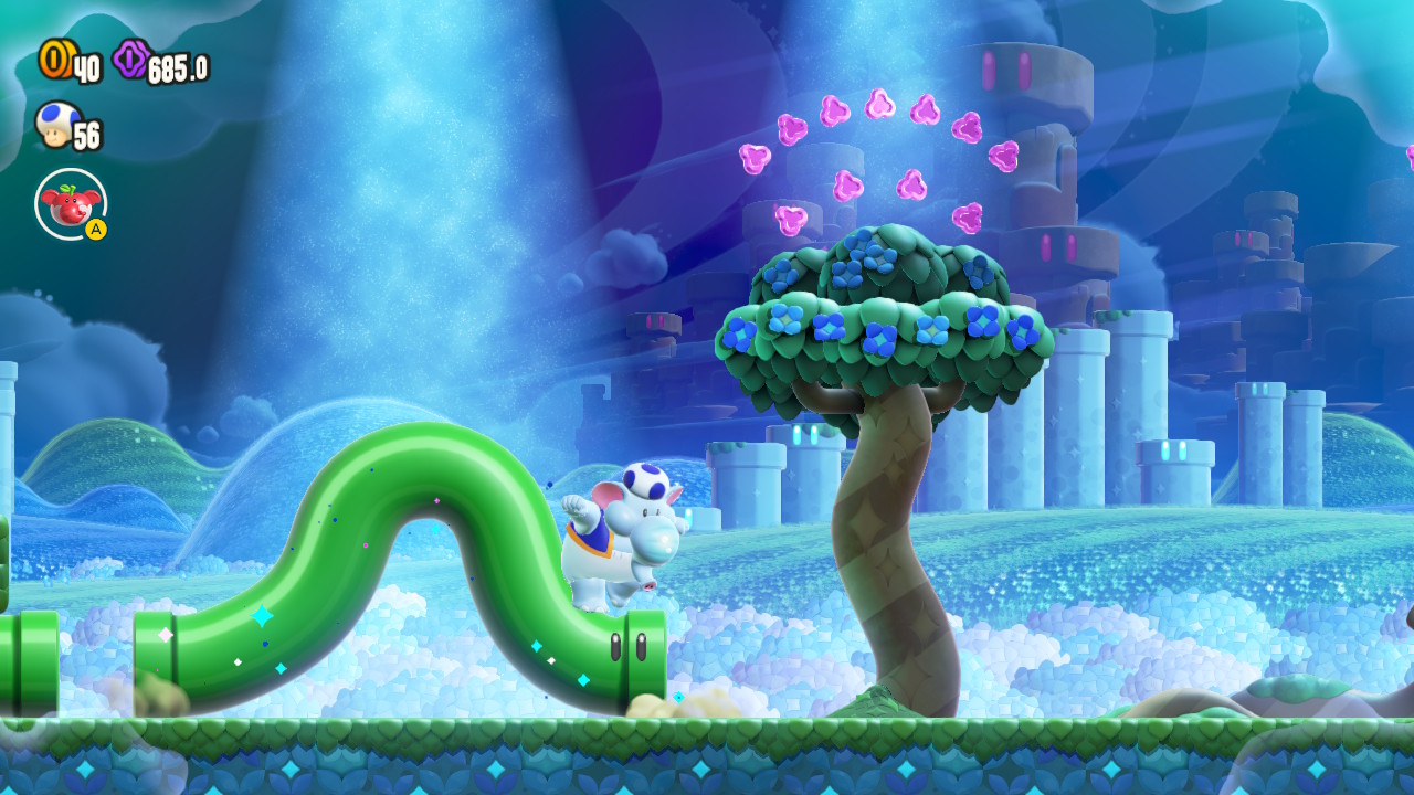 Super Mario Bros. Wonder screenshot: stylized 3d, side-scrolling, no outlines, soft gradient (environment, character)