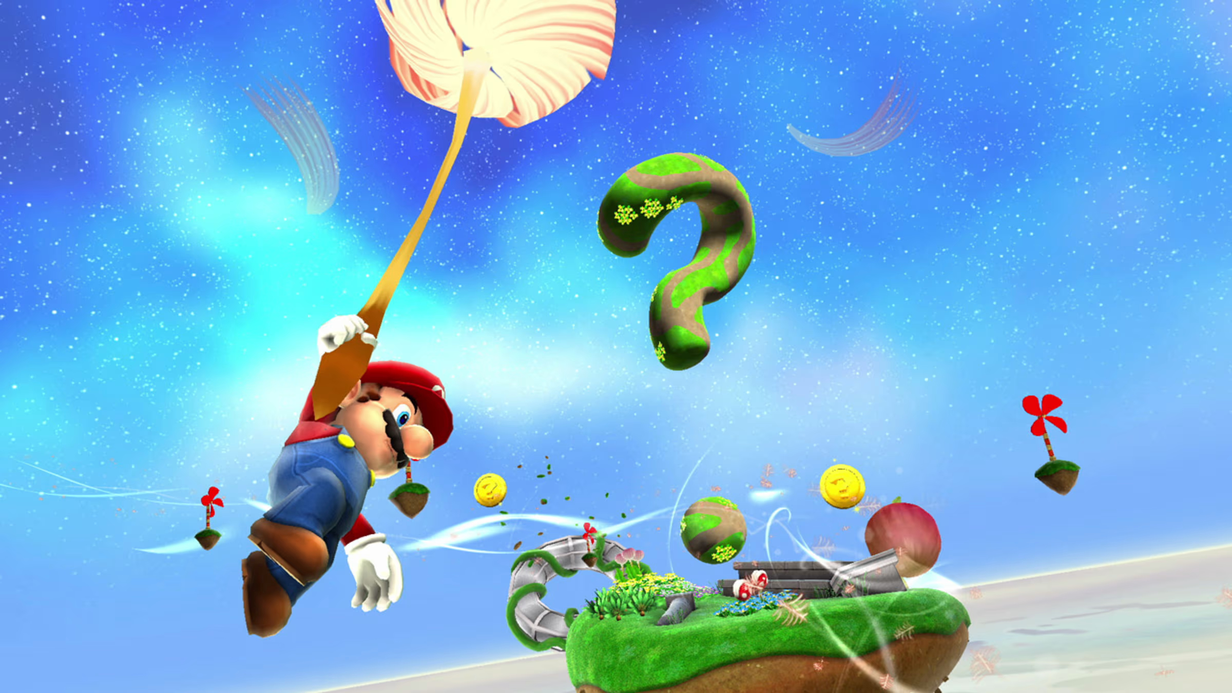 Super Mario Galaxy (Nintendo Switch) screenshot: stylized 3d, third-person, no outlines, soft gradient (environment, character)