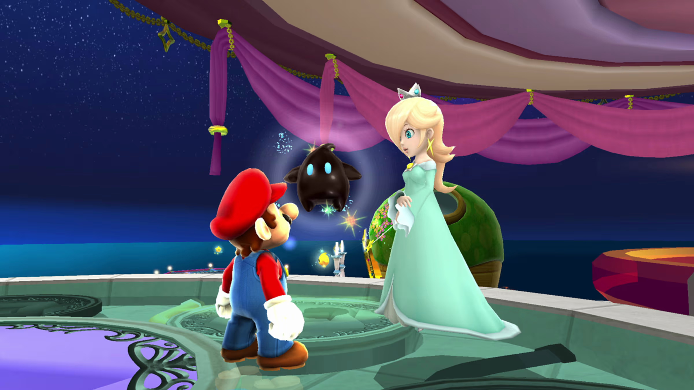 Super Mario Galaxy (Nintendo Switch) screenshot: stylized 3d, third-person, no outlines, soft gradient (character, cutscene, environment)