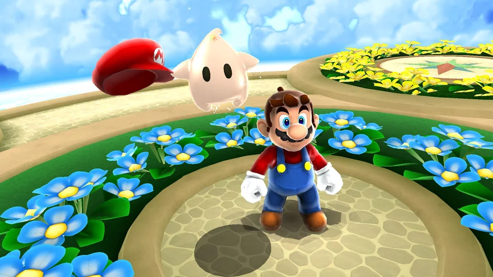 Super Mario Galaxy + Super Mario Galaxy 2 screenshot: stylized 3d, third-person, no outlines, soft gradient (character, cutscene)