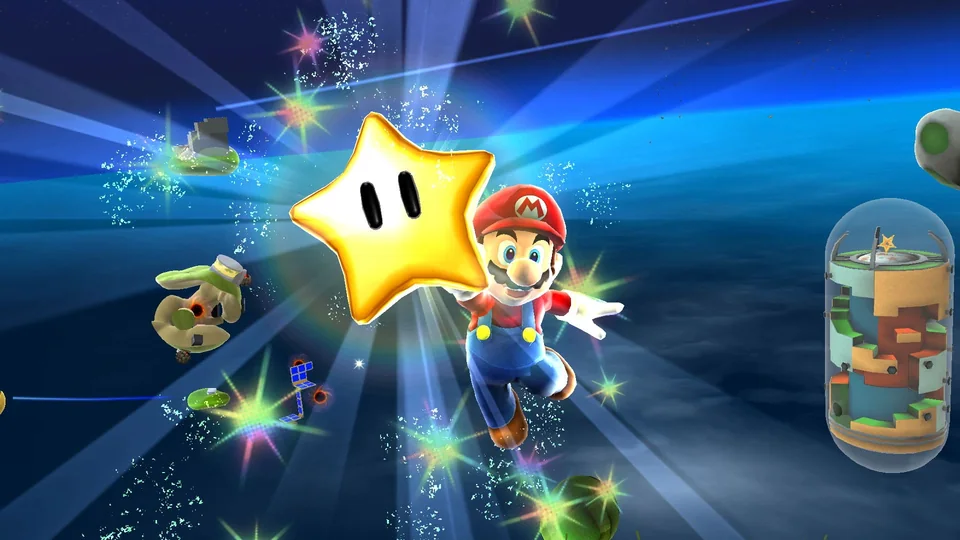 Super Mario Galaxy + Super Mario Galaxy 2 screenshot: stylized 3d, third-person, no outlines, soft gradient (character, environment)