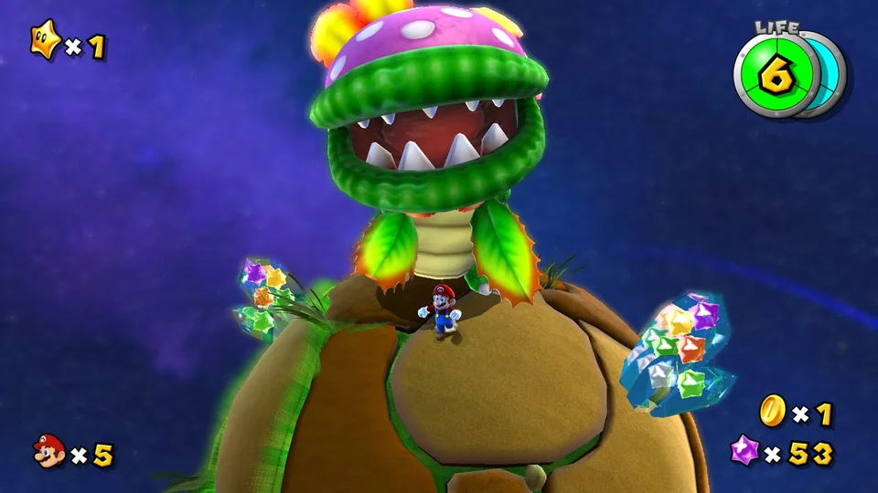 Super Mario Galaxy + Super Mario Galaxy 2 screenshot: stylized 3d, third-person, no outlines, soft gradient (combat)