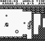 Super Mario Land screenshot: pixel art, side-scrolling, black outlines, flat / unlit (environment, combat)