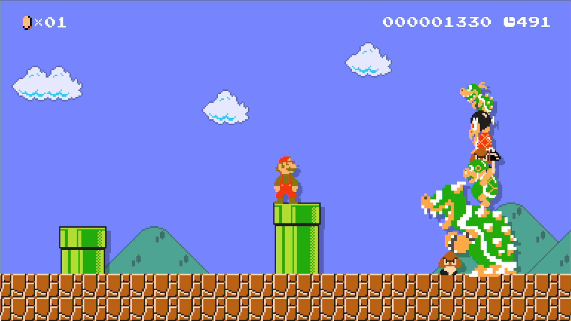 Super Mario Maker screenshot: pixel art, stylized 3d, side-scrolling, black outlines, flat / unlit (environment, character)