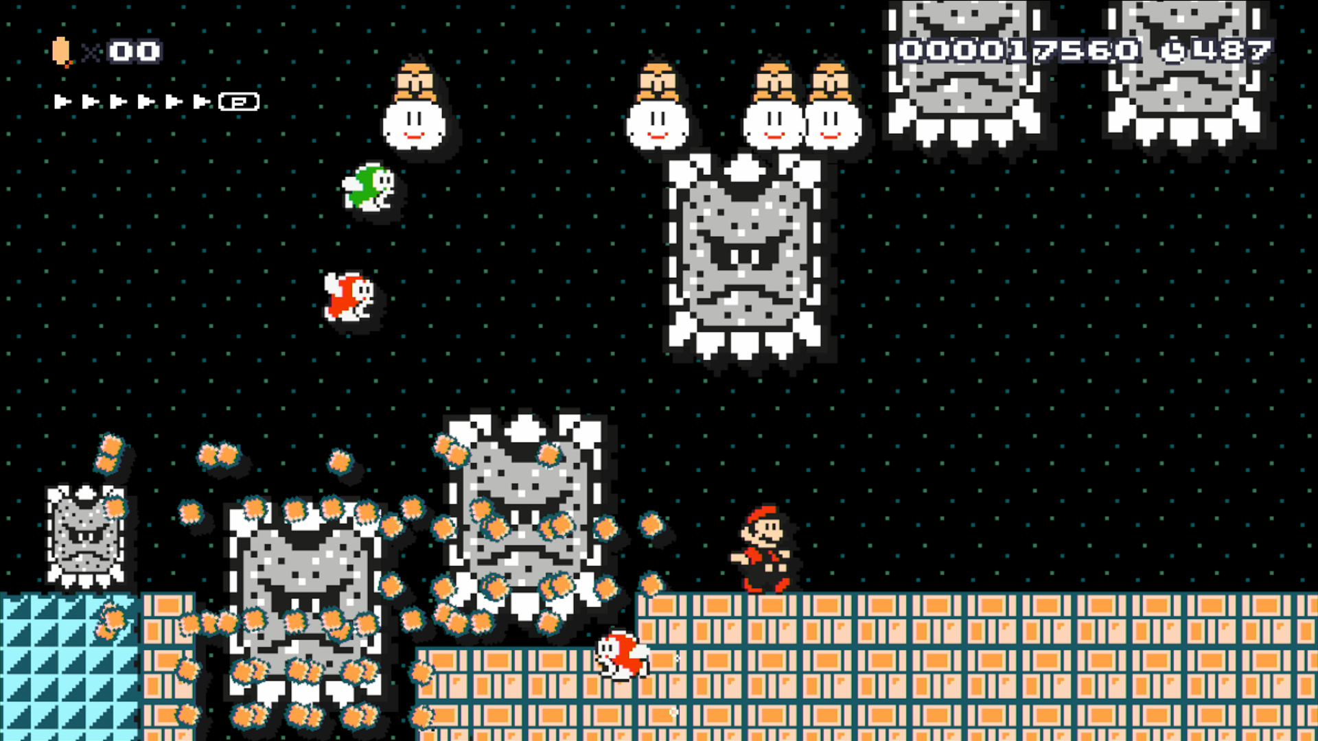 Super Mario Maker screenshot: pixel art, stylized 3d, side-scrolling, black outlines, flat / unlit (environment, combat)