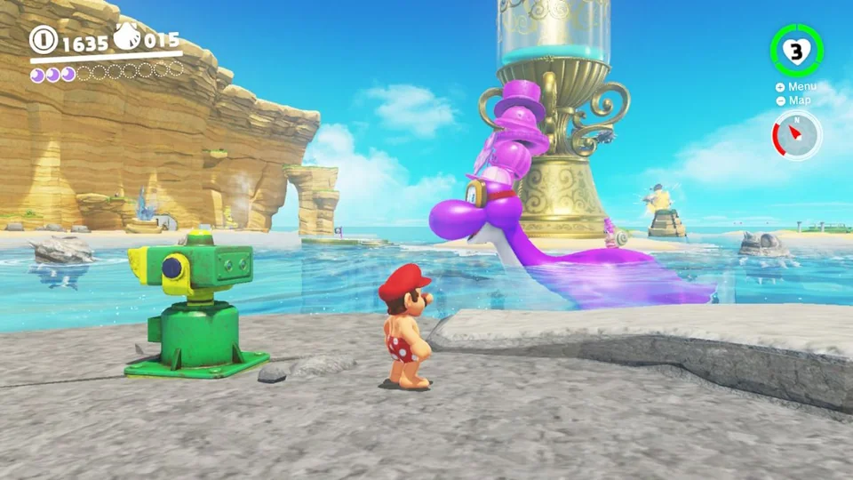 Super Mario Odyssey screenshot: stylized 3d, third-person, no outlines, soft gradient (environment, character)