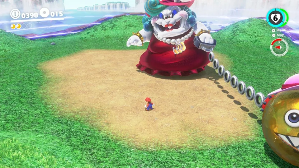 Super Mario Odyssey screenshot: stylized 3d, third-person, no outlines, soft gradient (combat, character)