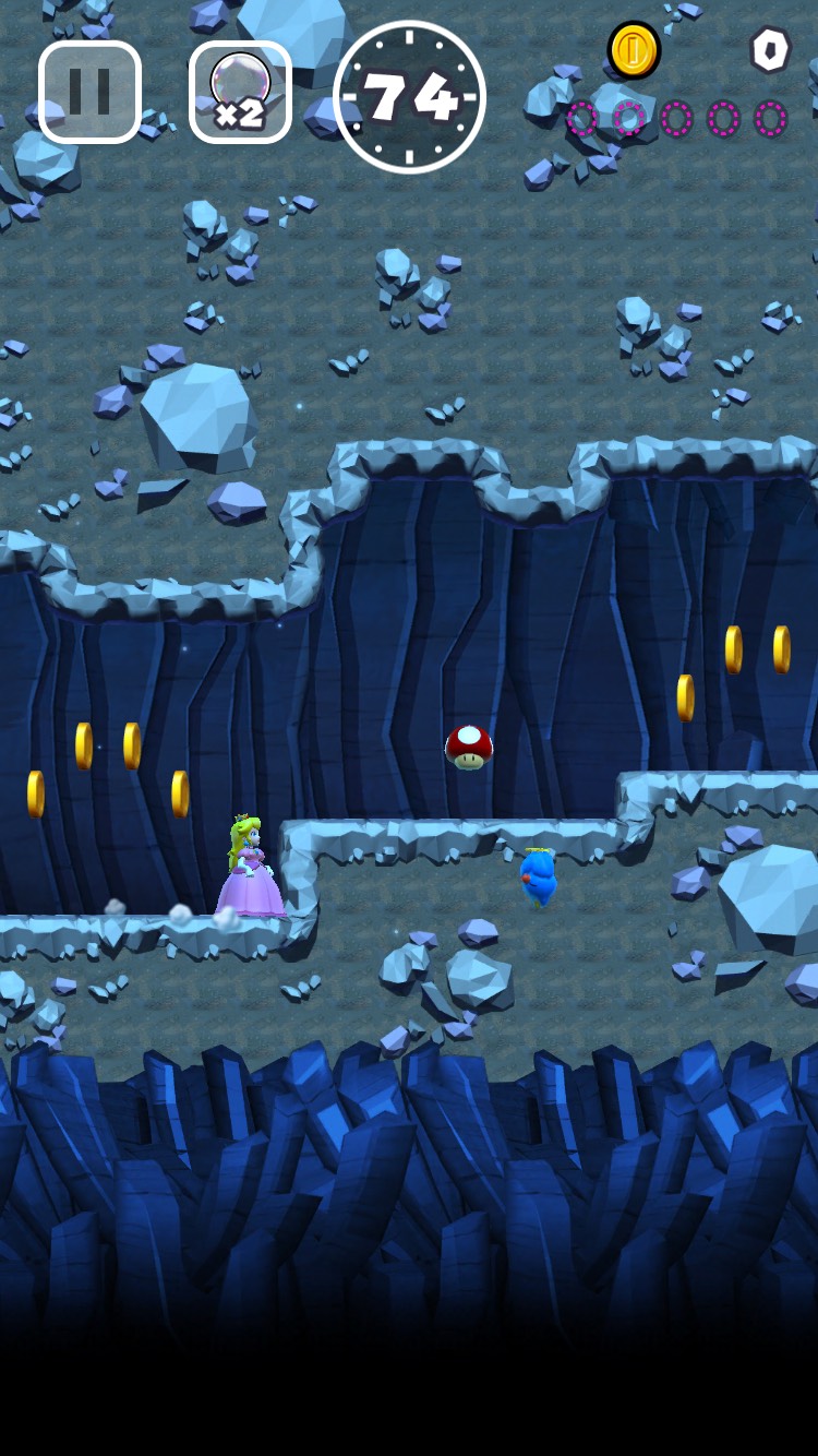 Super Mario Run screenshot: stylized 3d, side-scrolling, no outlines, soft gradient (environment)