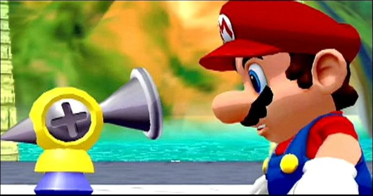 Super Mario Sunshine screenshot: stylized 3d, third-person, no outlines, soft gradient (character, cutscene)