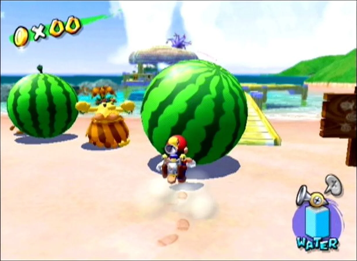Super Mario Sunshine screenshot: stylized 3d, third-person, no outlines, soft gradient (environment, character)