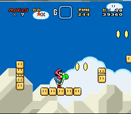 Super Mario World screenshot: pixel art, side-scrolling, three-quarter, black outlines, flat / unlit (environment)