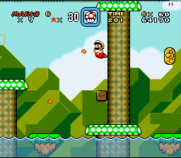 Super Mario World screenshot: pixel art, side-scrolling, three-quarter, black outlines, flat / unlit (environment, combat)