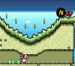 Super Mario World 2: Yoshi's Island screenshot: pixel art, hand-drawn, side-scrolling, black outlines, hatching (environment)