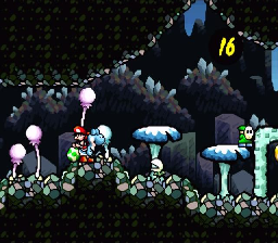 Super Mario World 2: Yoshi's Island screenshot: pixel art, hand-drawn, side-scrolling, black outlines, hatching (environment)