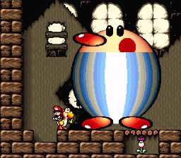 Super Mario World 2: Yoshi's Island screenshot: pixel art, hand-drawn, side-scrolling, black outlines, hatching (combat, character)