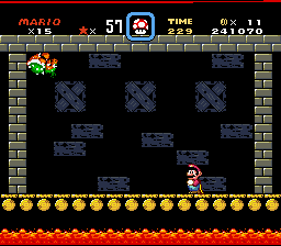 Super Mario World screenshot: pixel art, side-scrolling, three-quarter, black outlines, flat / unlit (environment, combat)