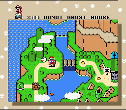 Super Mario World screenshot: pixel art, side-scrolling, three-quarter, black outlines, flat / unlit (environment, ui / menu)
