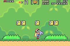 Super Mario World: Super Mario Advance 2 screenshot: pixel art, side-scrolling, three-quarter, black outlines, flat / unlit (environment, character)