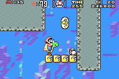 Super Mario World: Super Mario Advance 2 screenshot: pixel art, side-scrolling, three-quarter, black outlines, flat / unlit (environment, character)