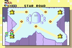 Super Mario World: Super Mario Advance 2 screenshot: pixel art, side-scrolling, three-quarter, black outlines, flat / unlit (environment, ui / menu)