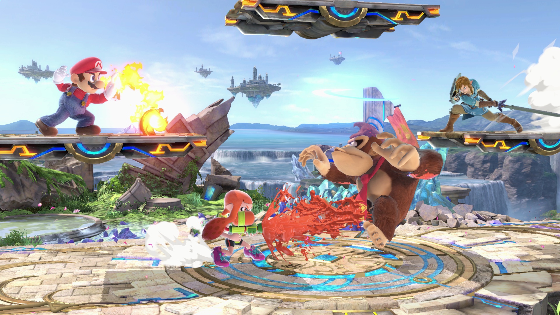 Super Smash Bros. Ultimate screenshot: stylized 3d, side-scrolling, no outlines, soft gradient (environment, combat)