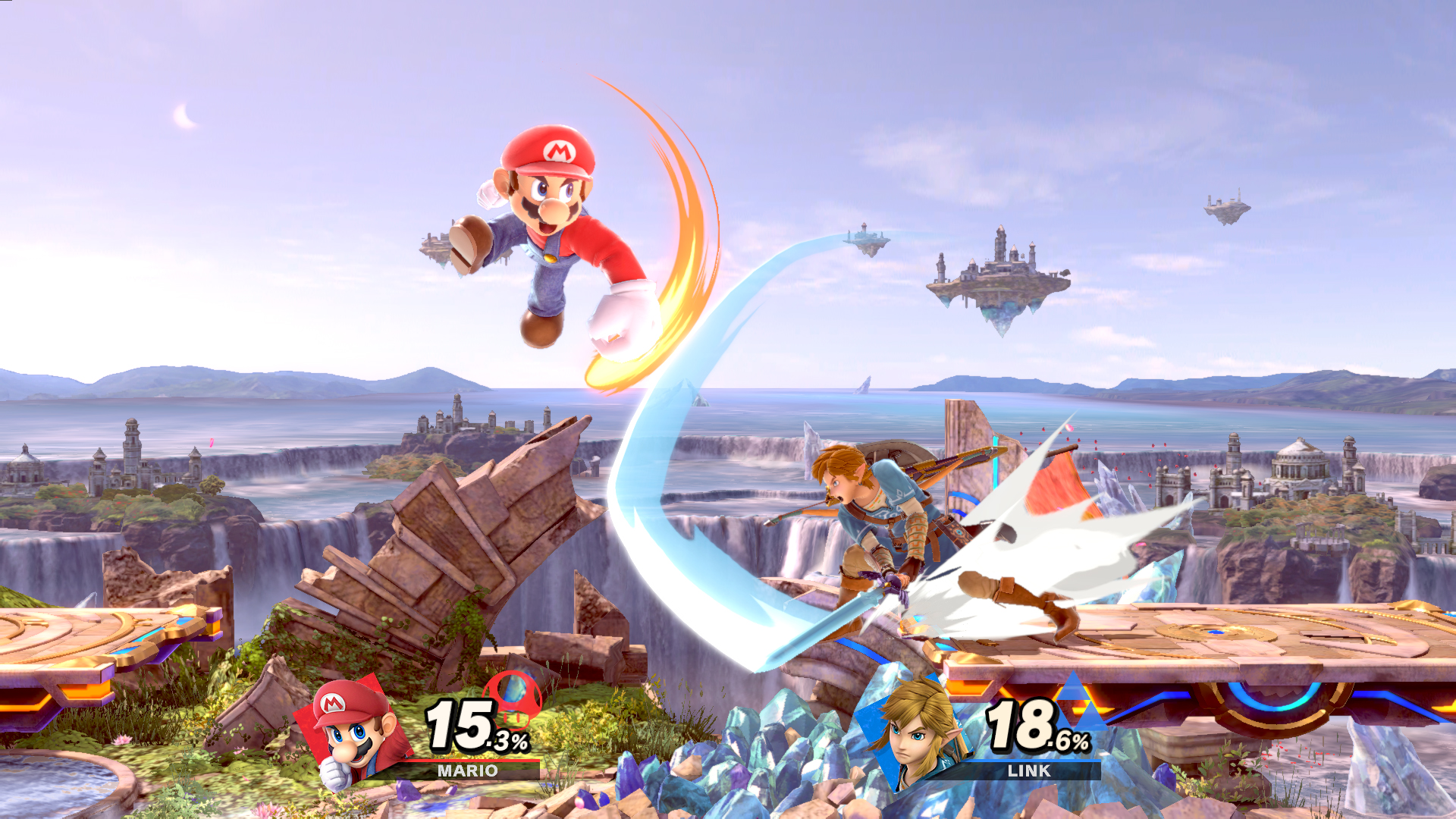 Super Smash Bros. Ultimate screenshot: stylized 3d, side-scrolling, no outlines, soft gradient (environment, combat)
