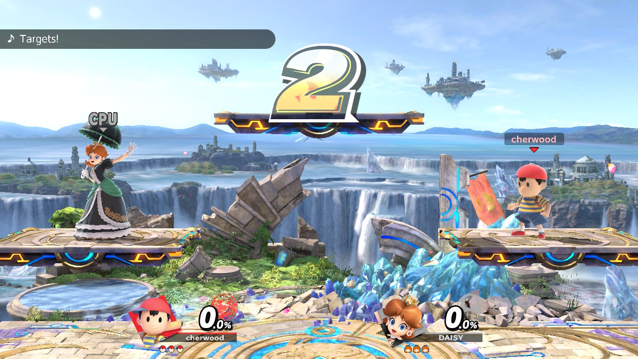 Super Smash Bros. Ultimate screenshot: stylized 3d, side-scrolling, no outlines, soft gradient (environment, character)
