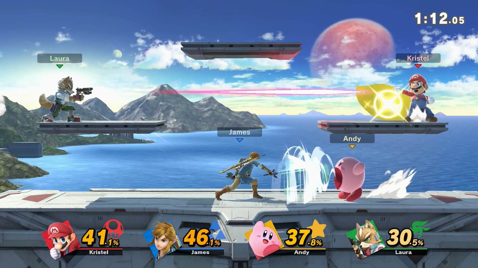 Super Smash Bros. Ultimate screenshot: stylized 3d, side-scrolling, no outlines, soft gradient (environment, combat)