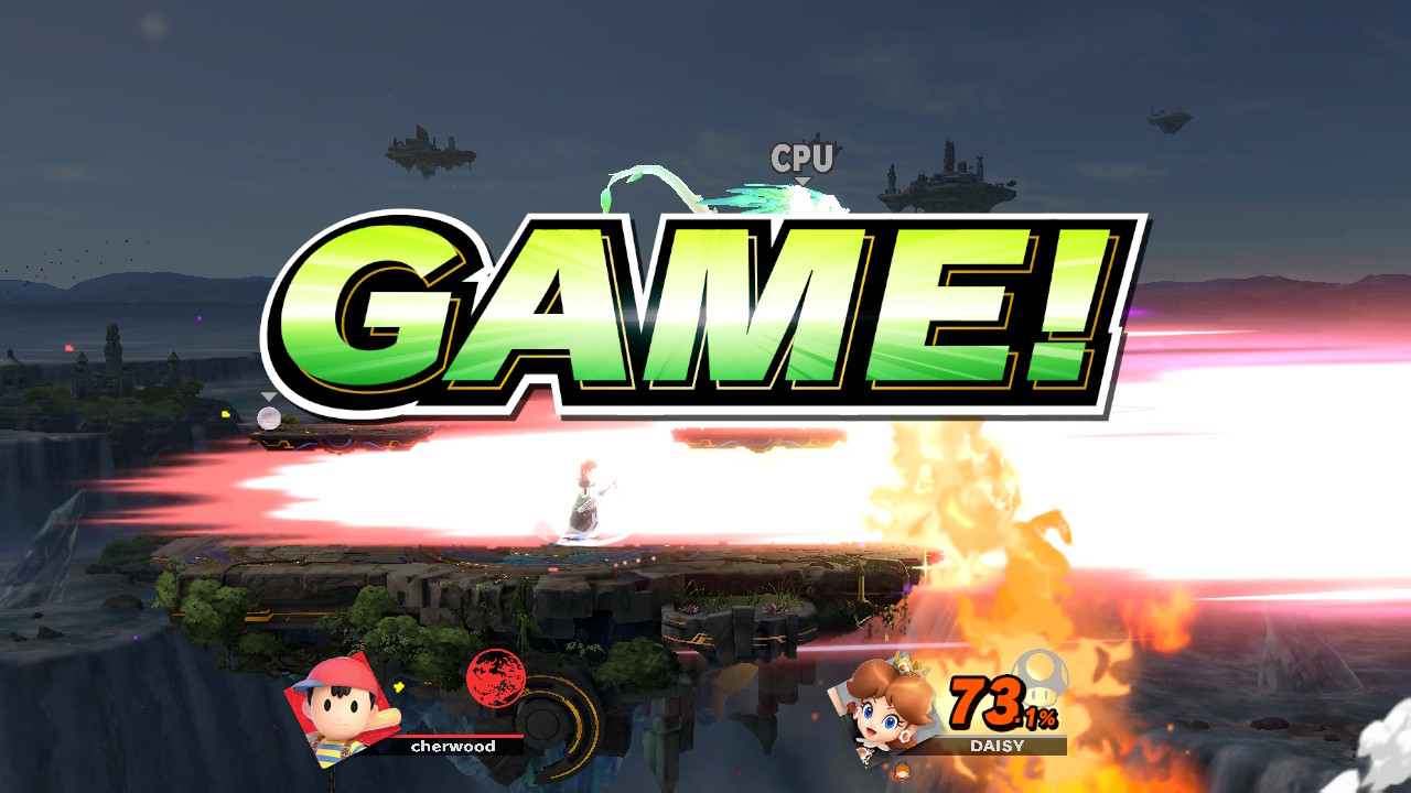 Super Smash Bros. Ultimate screenshot: stylized 3d, side-scrolling, no outlines, soft gradient (environment, combat)