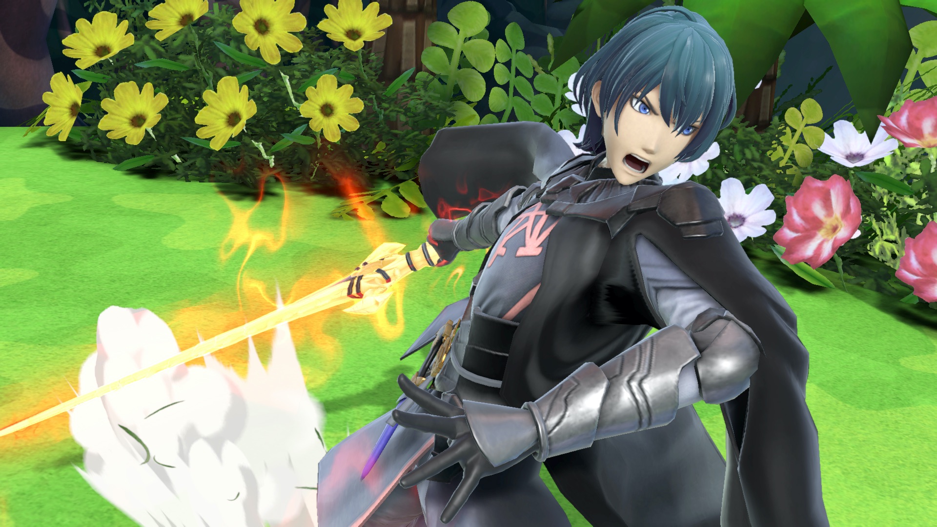Super Smash Bros. Ultimate screenshot: stylized 3d, side-scrolling, no outlines, soft gradient (character, combat, environment)