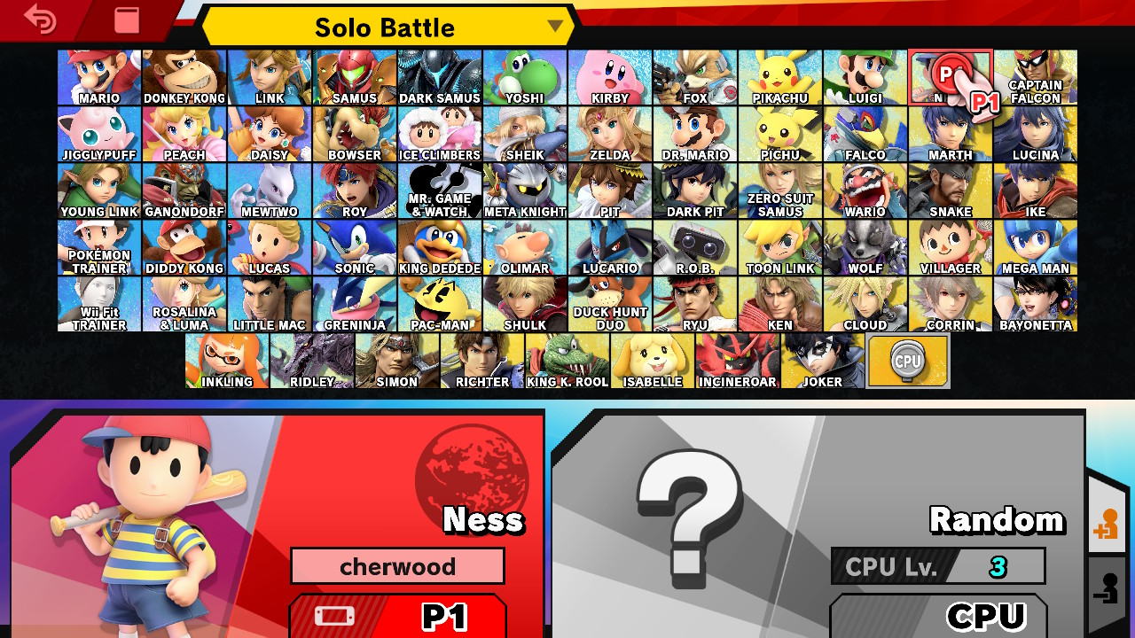 Super Smash Bros. Ultimate screenshot: stylized 3d, side-scrolling, no outlines, soft gradient (ui / menu)