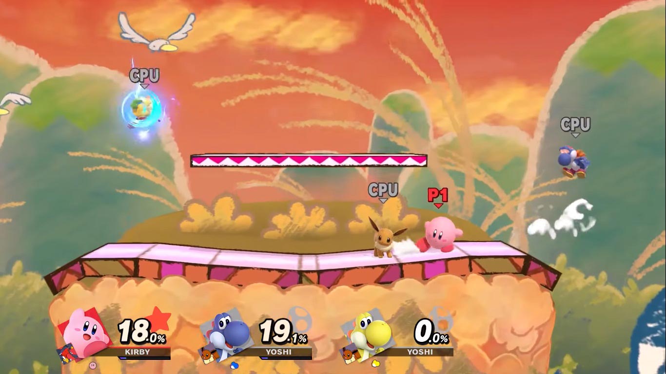 Super Smash Bros. Ultimate screenshot: stylized 3d, side-scrolling, no outlines, soft gradient (environment, combat)