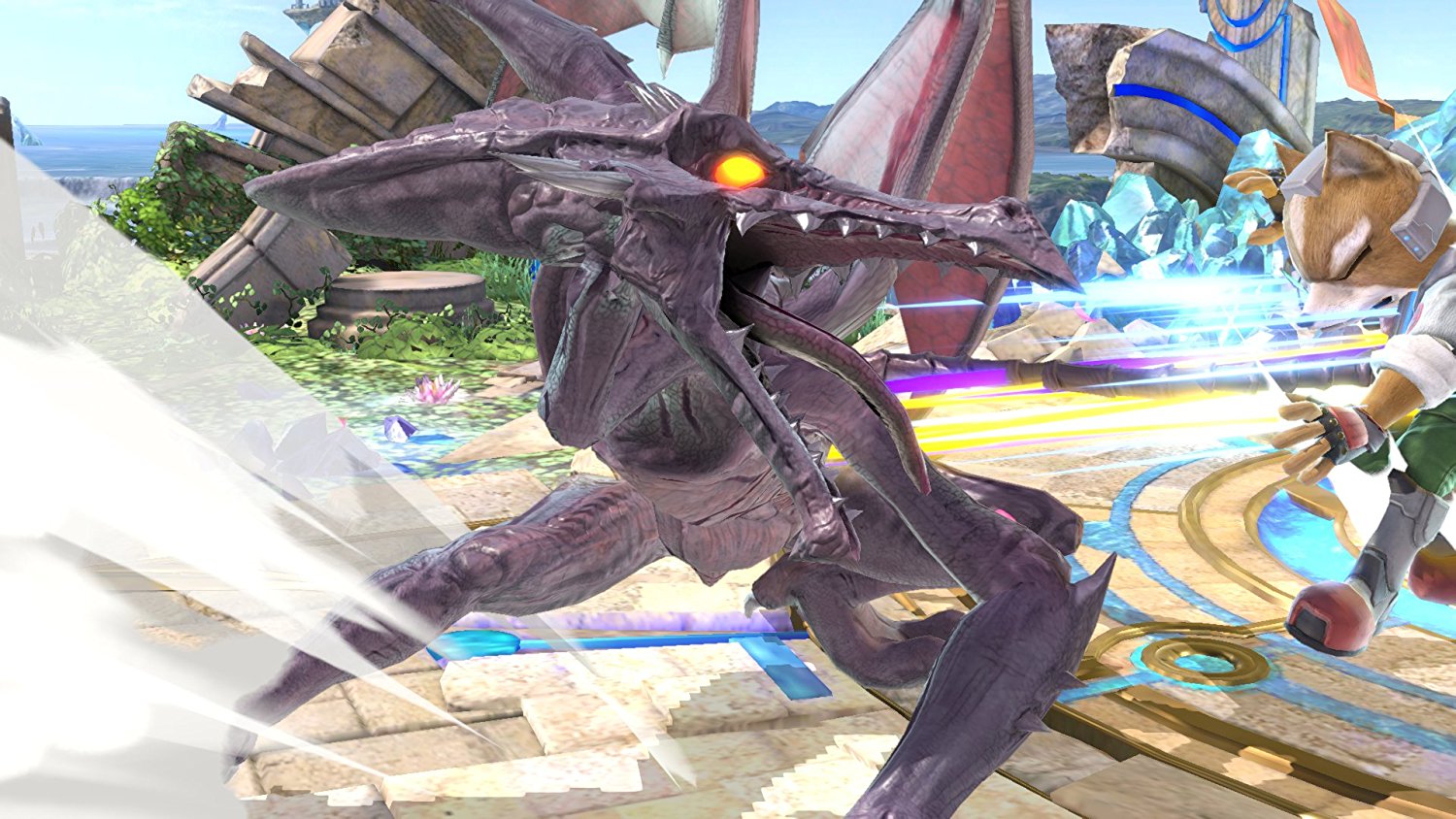 Super Smash Bros. Ultimate screenshot: stylized 3d, side-scrolling, no outlines, soft gradient (character, combat, environment)