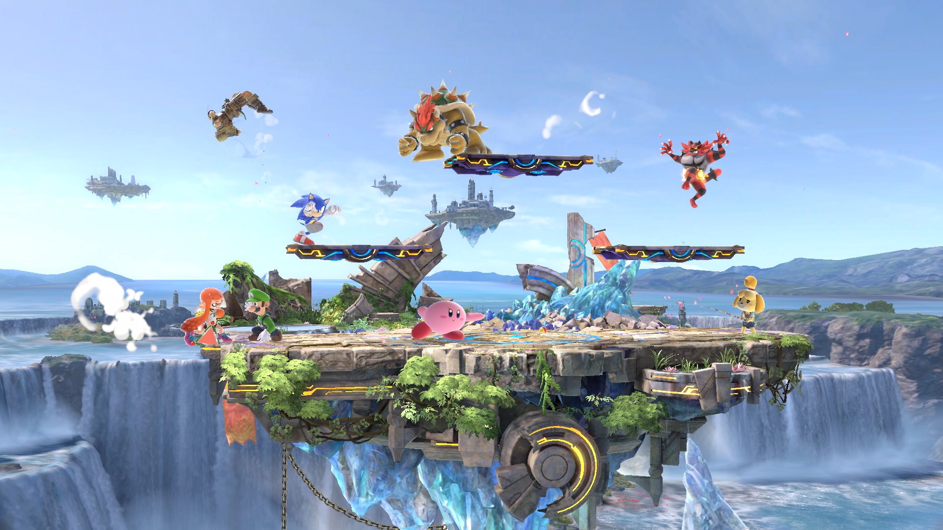 Super Smash Bros. Ultimate screenshot: stylized 3d, side-scrolling, no outlines, soft gradient (environment, combat)