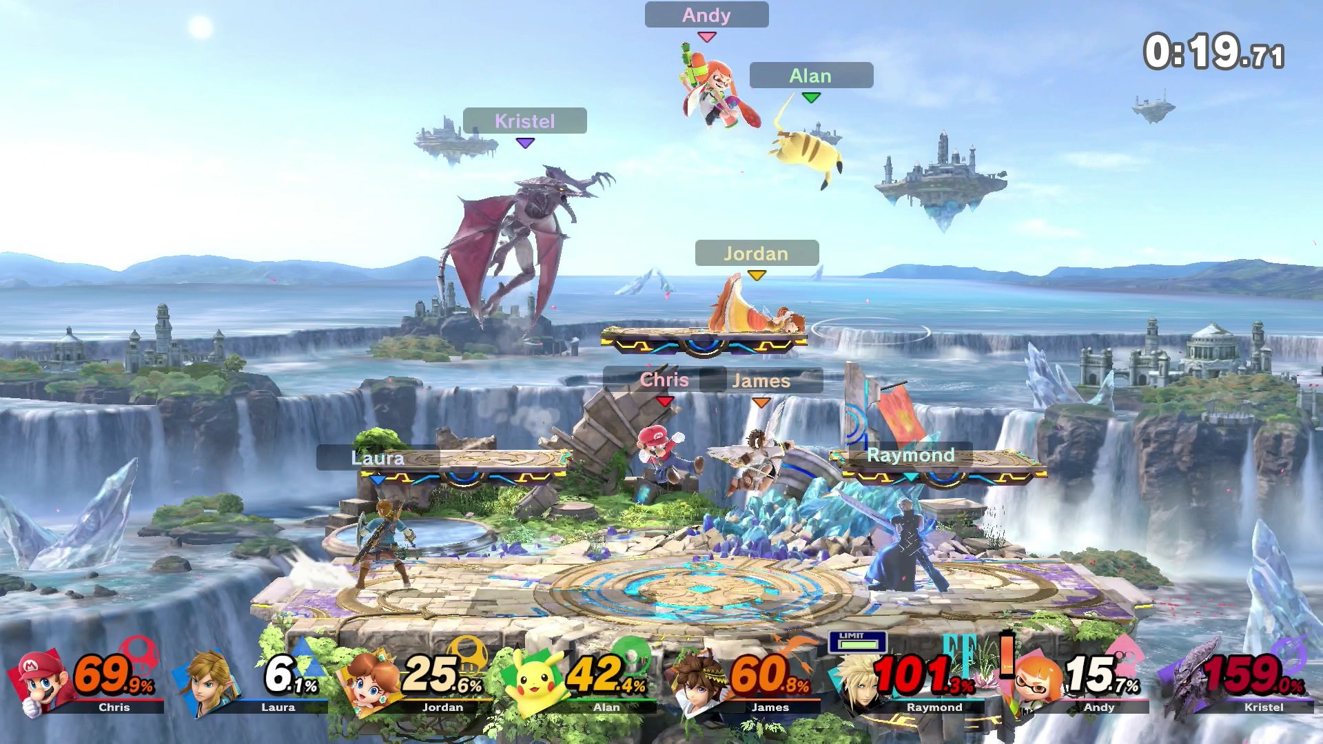 Super Smash Bros. Ultimate screenshot: stylized 3d, side-scrolling, no outlines, soft gradient (environment, combat)