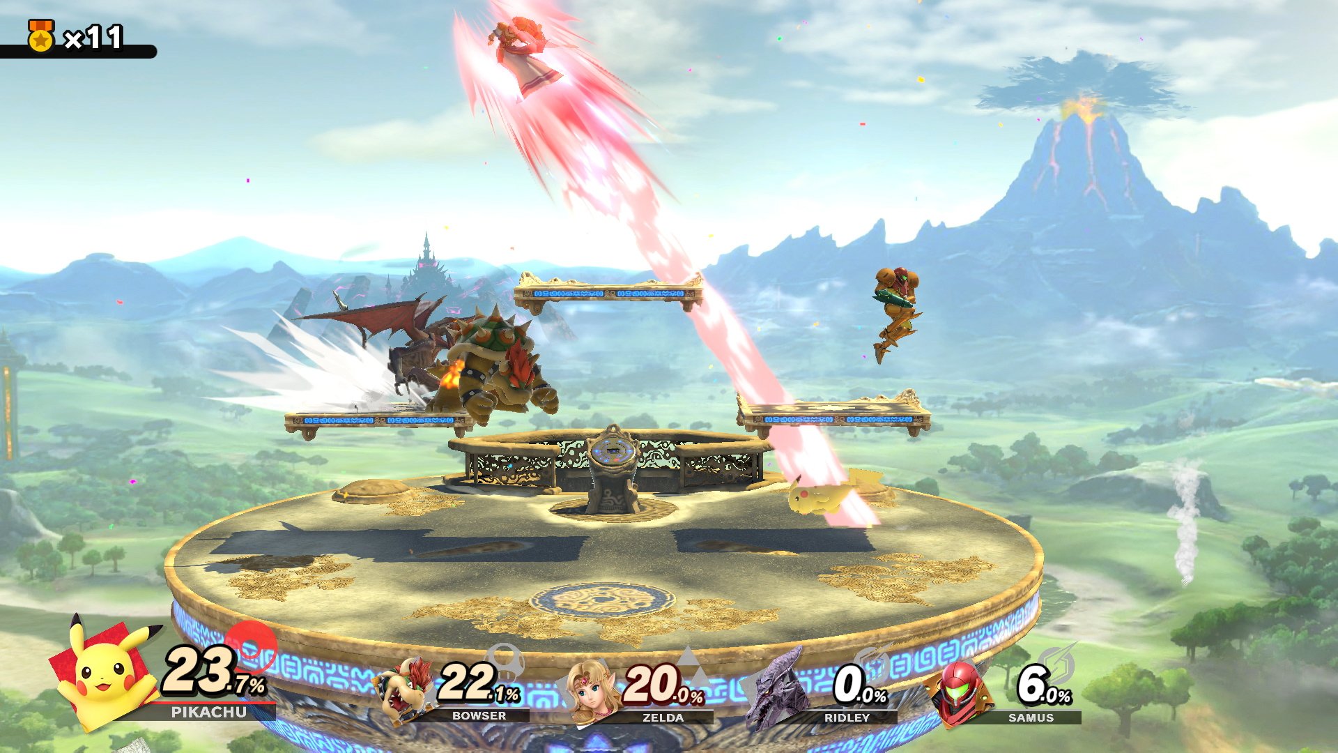 Super Smash Bros. Ultimate screenshot: stylized 3d, side-scrolling, no outlines, soft gradient (environment, combat)
