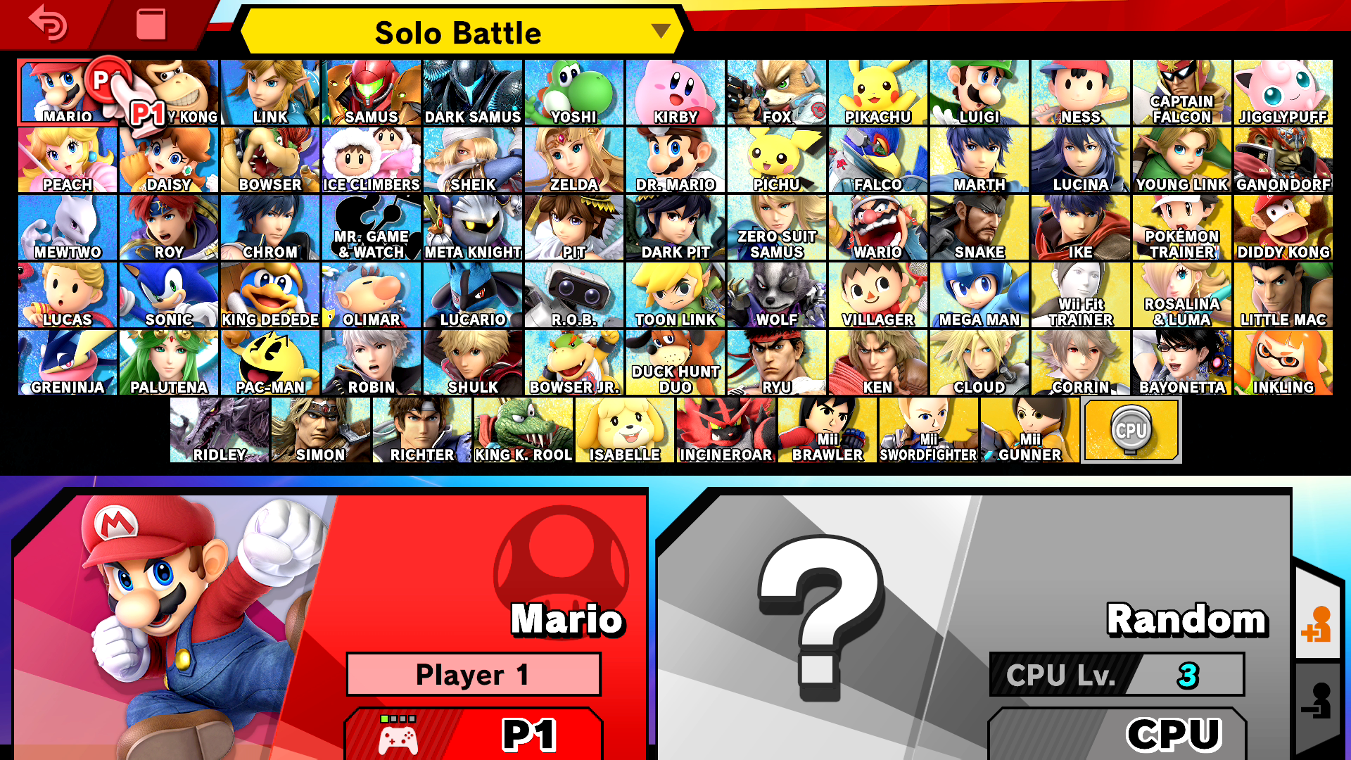 Super Smash Bros. Ultimate screenshot: stylized 3d, side-scrolling, no outlines, soft gradient (ui / menu)