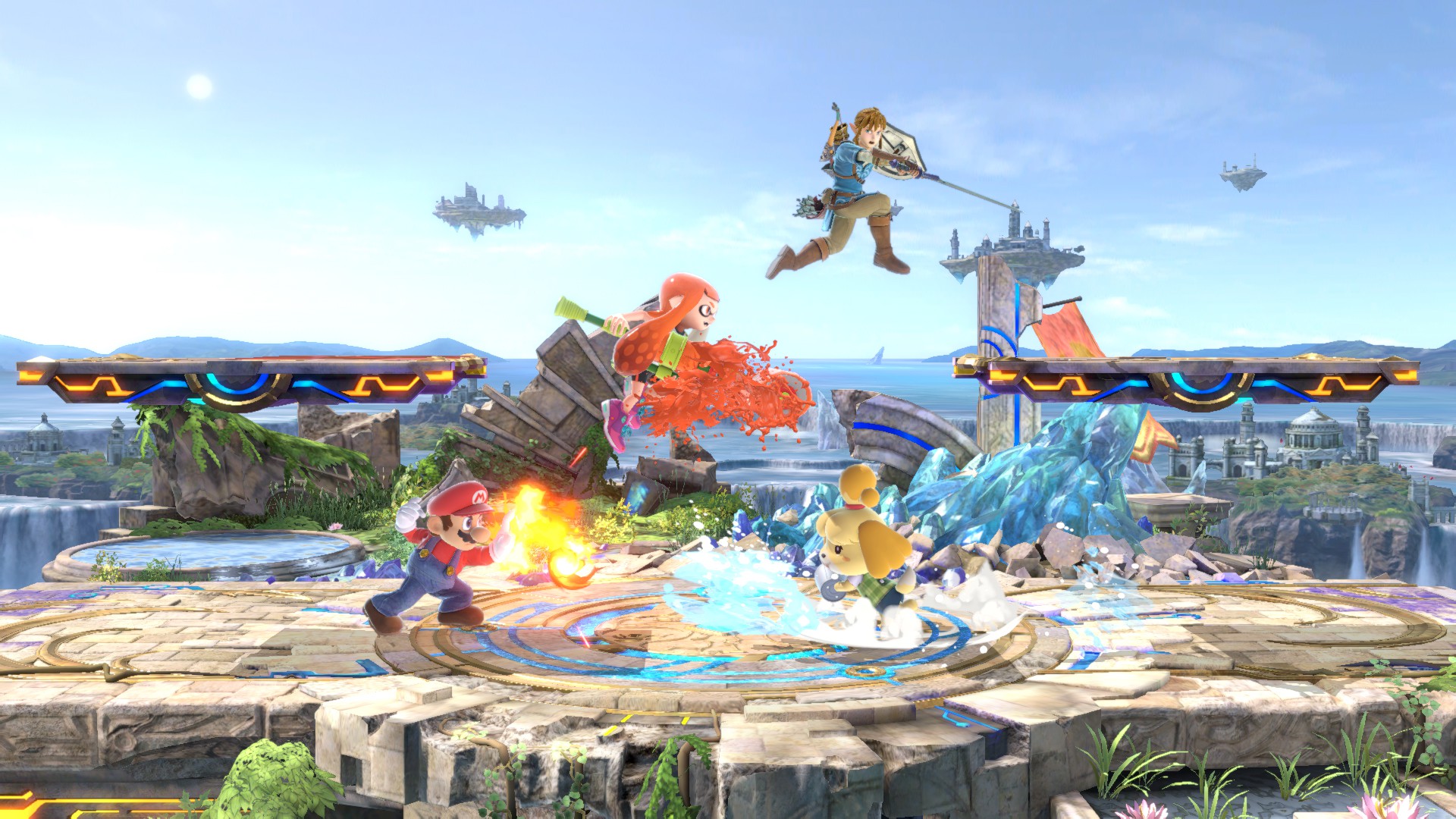 Super Smash Bros. Ultimate screenshot: stylized 3d, side-scrolling, no outlines, soft gradient (environment, combat)