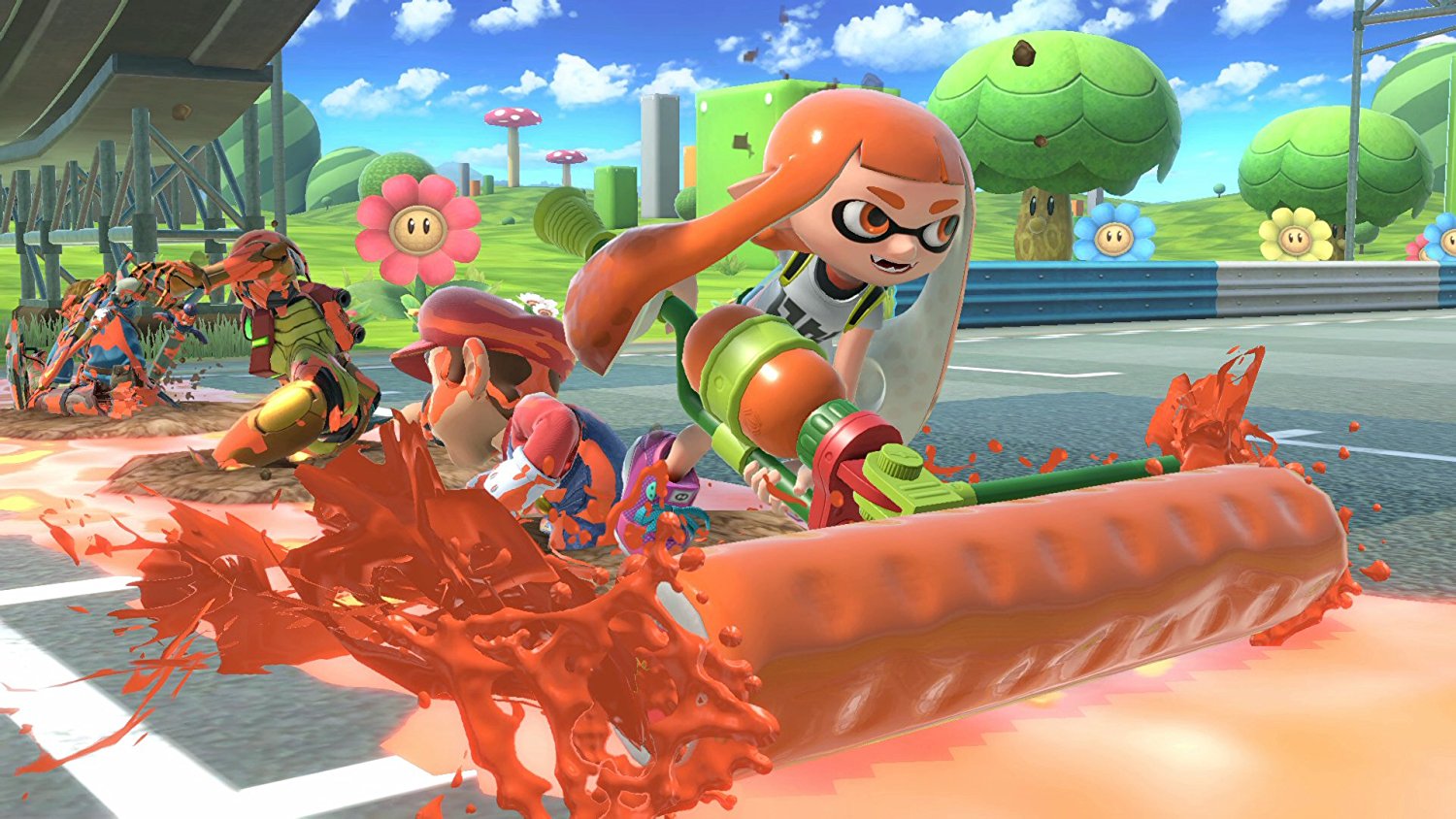 Super Smash Bros. Ultimate screenshot: stylized 3d, side-scrolling, no outlines, soft gradient (character, combat, environment)