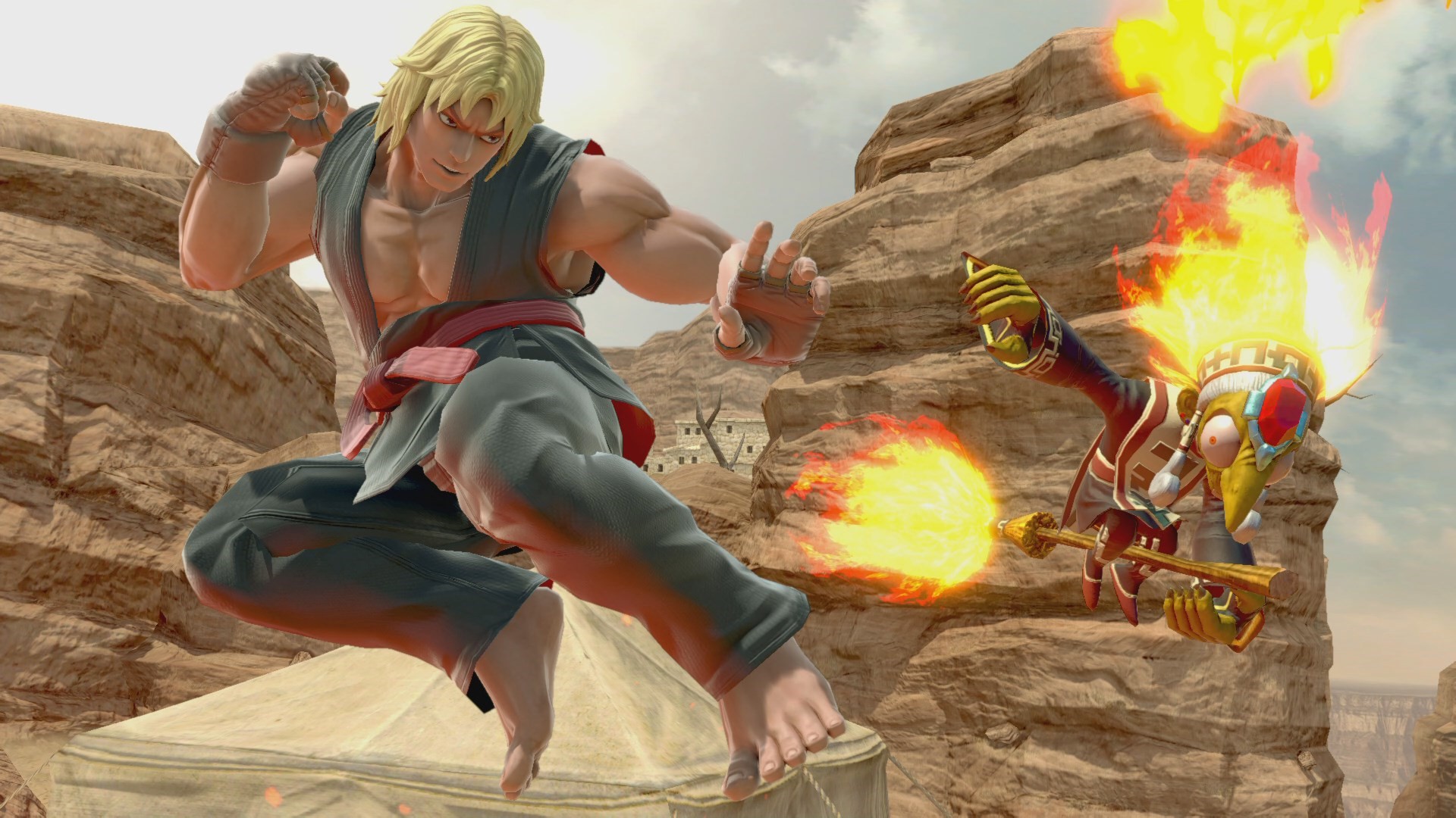 Super Smash Bros. Ultimate screenshot: stylized 3d, side-scrolling, no outlines, soft gradient (character, combat, environment)